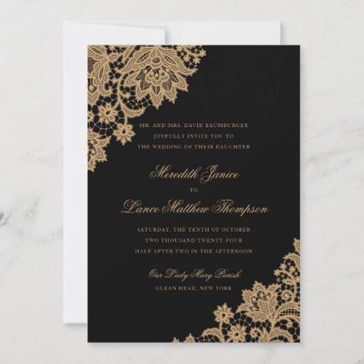 Delicate Lace Corner Black and Gold Script Wedding Einladung (Vorderseite)