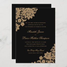 Delicate Lace Corner Black and Gold Script Wedding Einladung
