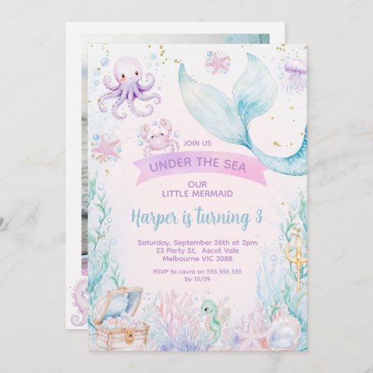 Delicate Lila Blue Foto Kleine Meerjungfrau Geburt Einladung (Vorne/Hinten)