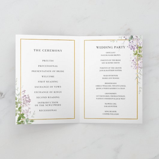 Delicate Lilac Lila Floral Gold Hochzeitsprogramm Programm (Innenseite)