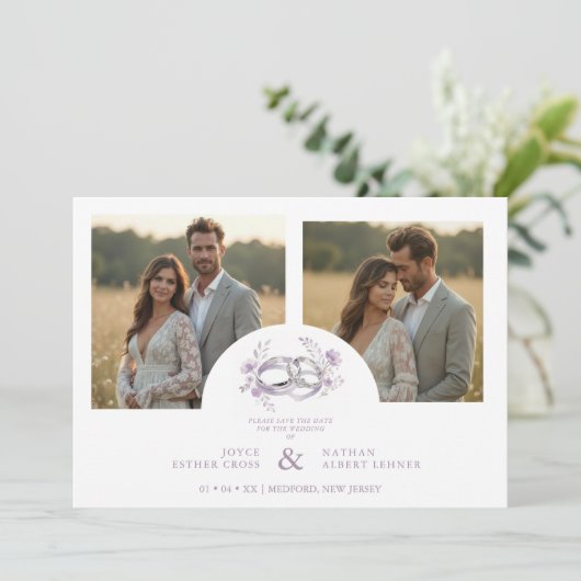 Delicate Lilac Wedding Rings Floral Wedding Save The Date (Stehend Vorderseite)