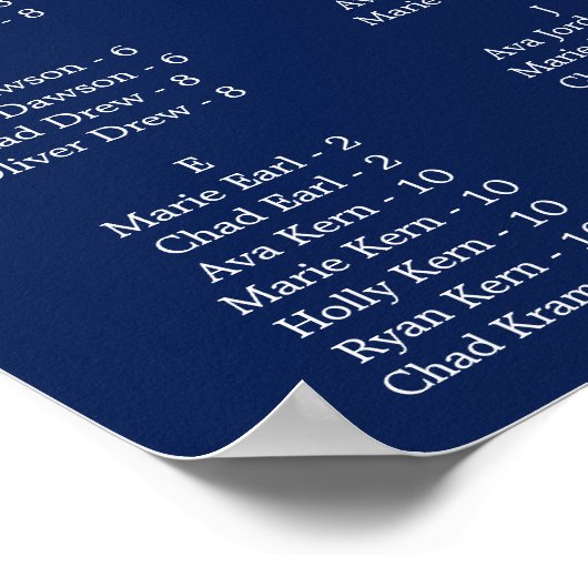 Delicate Navy Blue 130 Gäste Seating Chart Poster (Ecke)
