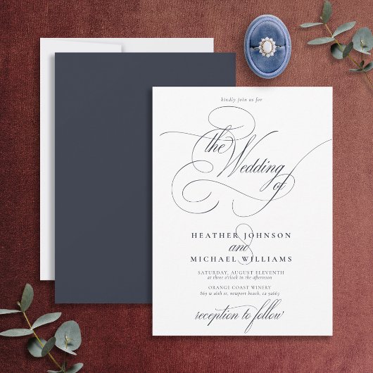 Delicate Navy Blue Moderne Calligraphy Classic Einladung