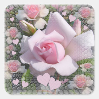 Delicate Pale Pink Rose with Hearts Quadratischer Aufkleber
