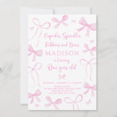 Delicate Pink Bows First Birthday Einladung (Vorderseite)