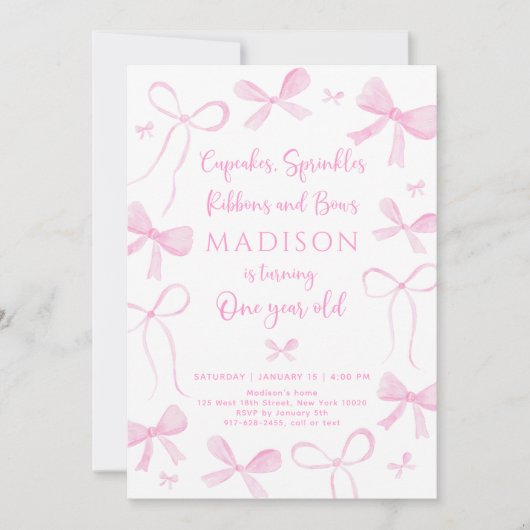 Delicate Pink Bows First Birthday Einladung (Vorderseite)