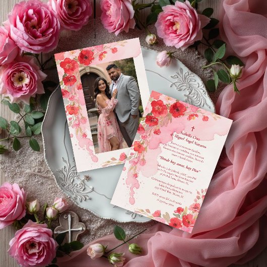 Delicate Pink Floral Frame Christian Catholic Einladung