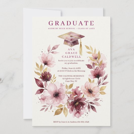 Delicate Pink Floral Wreath Graduation Cap  Einladung (Vorderseite)