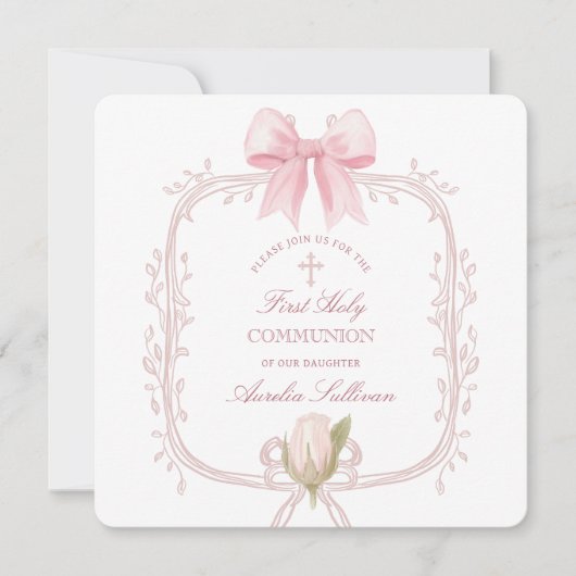 Delicate Pink Frame First Communion Small Einladung (Vorderseite)