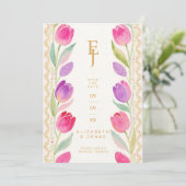 Delicate Pink & Purple Tulips Border Wedding Save The Date (Stehend Vorderseite)
