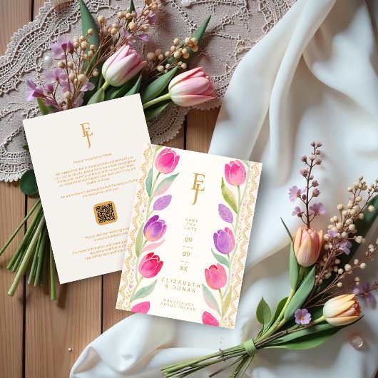 Delicate Pink & Purple Tulips Border Wedding Save The Date