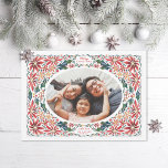 Delicate Poinsettia Oval Frame Photo Feiertagskarte<br><div class="desc">Original illustrated fram made of poinsettias and holly leaves. Also available in alternate orientation</div>