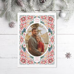Delicate Poinsettia Oval Frame Photo Feiertagskarte<br><div class="desc">Original illustrated frame made of poinsettias and holly leaves. Also available in alternate orientation</div>