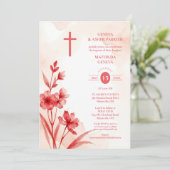 Delicate Red & Pink Wildflowers Baptism Photo Einladung (Stehend Vorderseite)