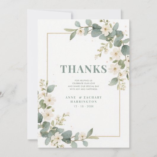 Delicate Romantic Flowers & Branches Frame Wedding Dankeskarte (Vorderseite)