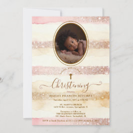 Delicate Romantic Glitter Stripes Baby Baptist Einladung