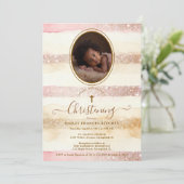 Delicate Romantic Glitter Stripes Baby Baptist Einladung (Stehend Vorderseite)