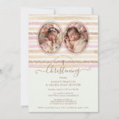 Delicate Romantic Glitter Stripes Twins Baptist Einladung (Vorderseite)