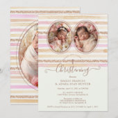 Delicate Romantic Glitter Stripes Twins Baptist Einladung (Vorne/Hinten)
