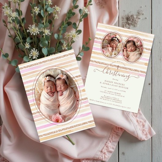 Delicate Romantic Glitter Stripes Twins Baptist Einladung