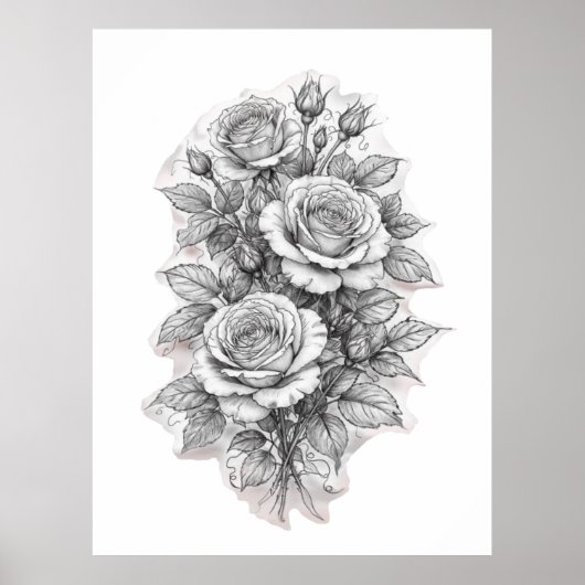 Delicate Romantic Rose Bouquet Sketch  Poster (Vorne)
