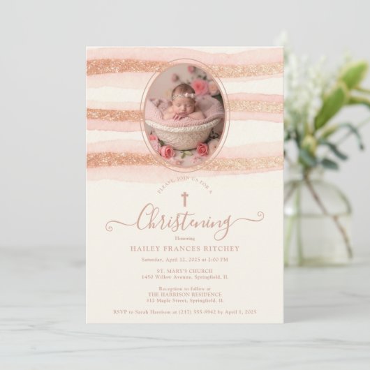 Delicate Romantic Rose Gold Glitter Baptist Einladung (Stehend Vorderseite)
