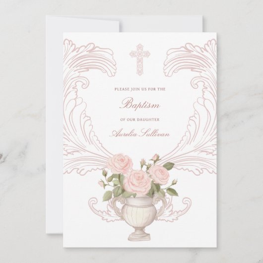 Delicate Roses Frame Baptism Invitation Einladung (Vorderseite)