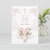 Delicate Roses Frame First Communion Einladung (Stehend Vorderseite)