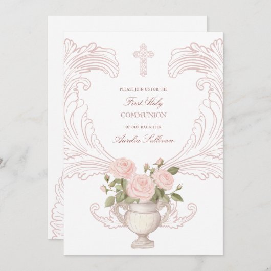 Delicate Roses Frame First Communion Einladung (Vorne/Hinten)
