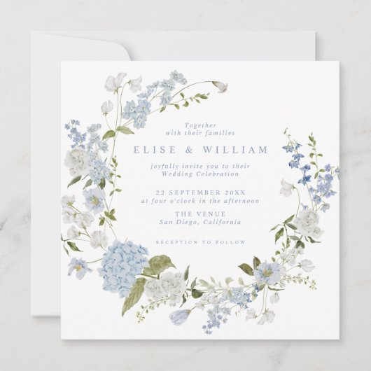 Delicate Soft Blue Floral Wreath Wedding Einladung (Vorderseite)