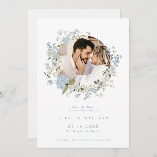 Delicate Soft Blue Floral Wreath Wedding Save The Date (Vorne/Hinten)