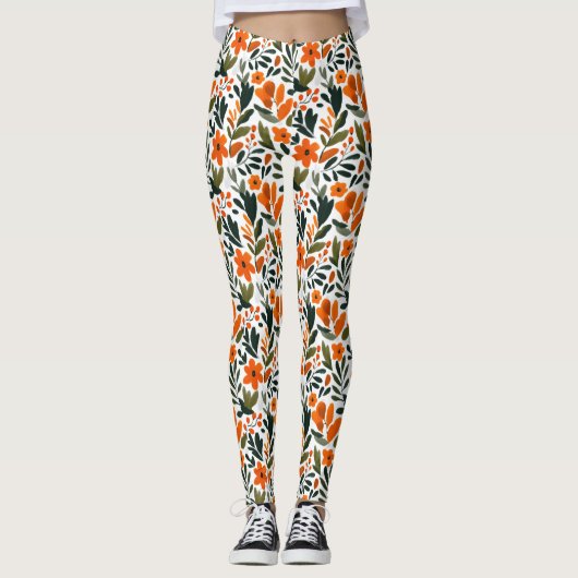 Delicate Spring Flowers Orange Floral Pattern Leggings (Vorderseite)