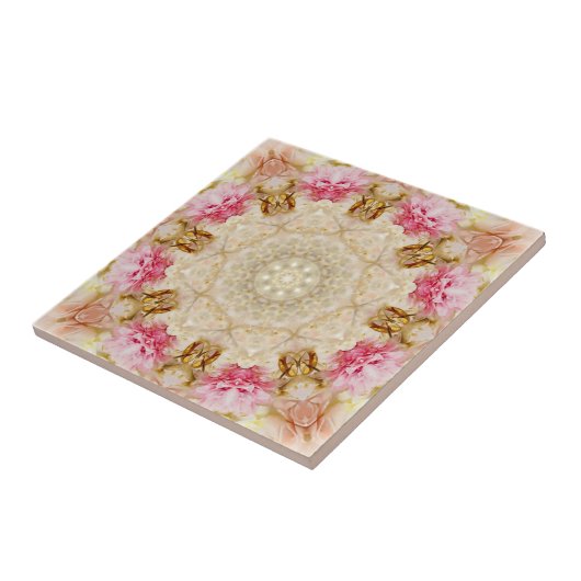 Delicate Taupe & Pink Mandala Design Keramik Tile, Fliese (Seite)