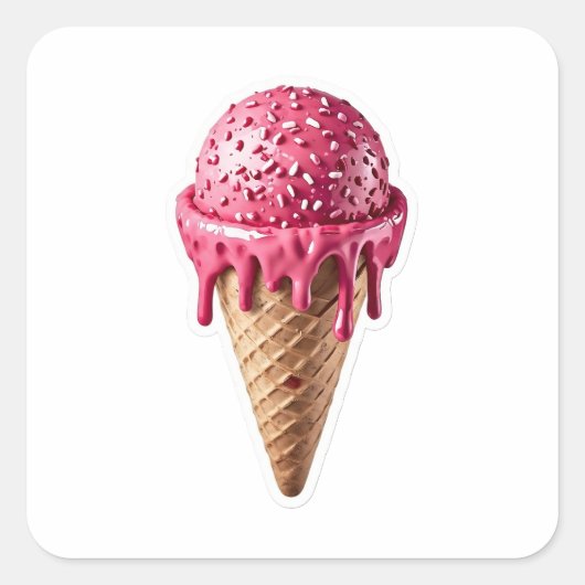 Delicious 3D Pink Strawberry Ice Cream Cone Sticke Quadratischer Aufkleber (Vorderseite)