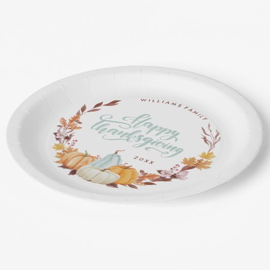 Delicus Fall Wreath Happy Thanksgiving Pappteller (Schrägansicht)