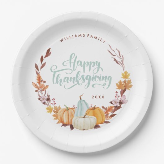 Delicus Fall Wreath Happy Thanksgiving Pappteller (Vorderseite)