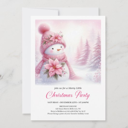 Delightful Snowy Forest Pink Snowman Kids Invite  Einladung (Vorderseite)