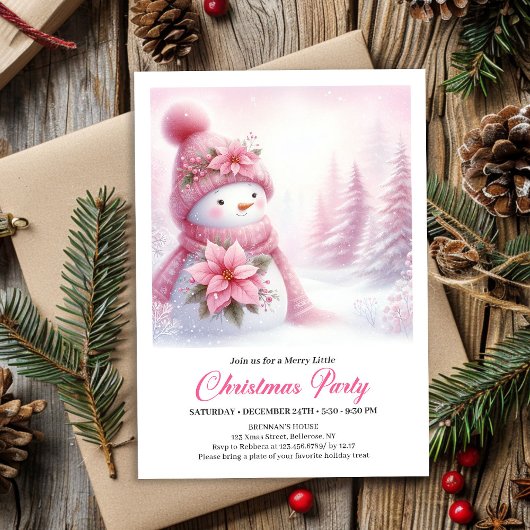 Delightful Snowy Forest Pink Snowman Kids Invite  Einladung