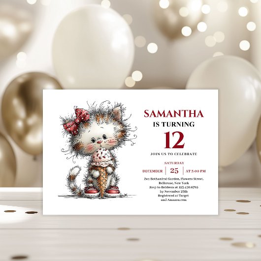 Delightful whimsical animals cat kids birthday einladung