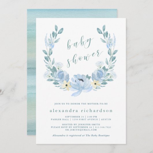 Delikatblau | Aquarellblütendusche Einladung (Vorne/Hinten)