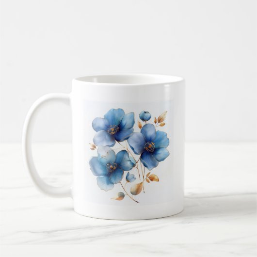 Delikate Aquarellblau-goldene Blume Kaffeetasse (Links)