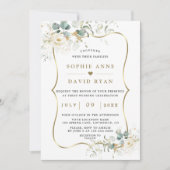 Delikate Aquarellblumen Blätter Goldhochzeit Einladung (Vorderseite)