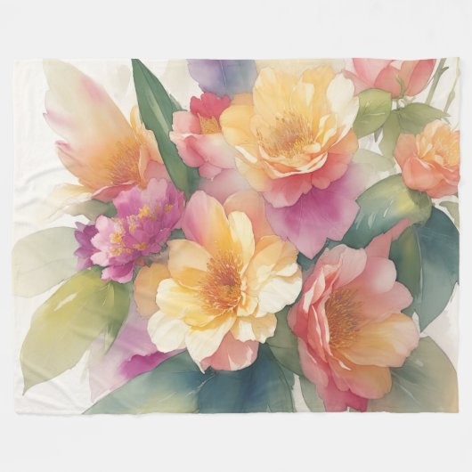 Delikate Aquarellfarben Blumengemälde Fleecedecke (Vorderseite (Horizontal))