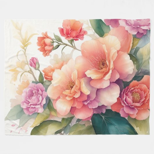 Delikate Aquarellfarben Blumengemälde Fleecedecke (Vorderseite (Horizontal))