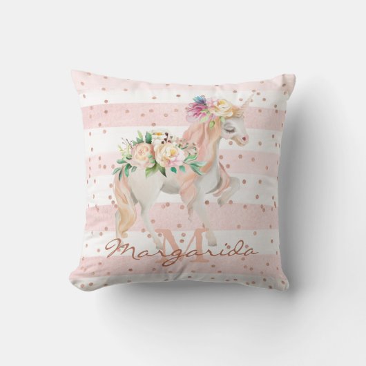 Delikate Aquarellfarben Einhorn Rosa Monogramm Kissen (Vorderseite)
