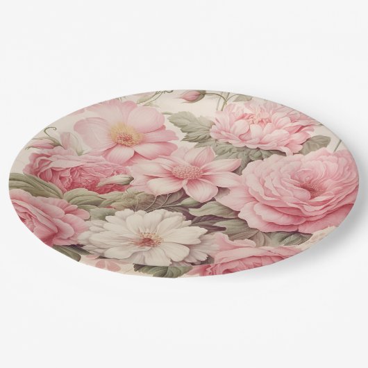 Delikate Aquarellfarben Rosen & Apple Blüten Pappteller (Schrägansicht)