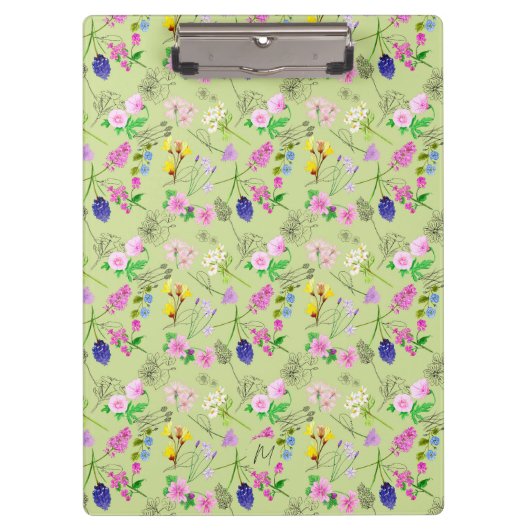 Delikate Aquarellfarben-Wildblumen auf grün Klemmbrett (Vorderseite)