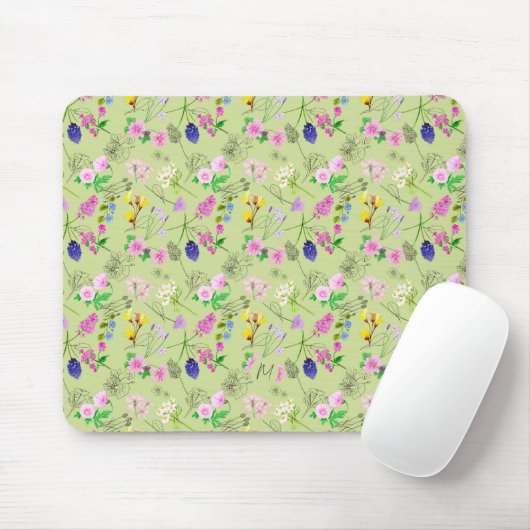 Delikate Aquarellfarben-Wildblumen auf grün Mousepad (Mit Mouse)