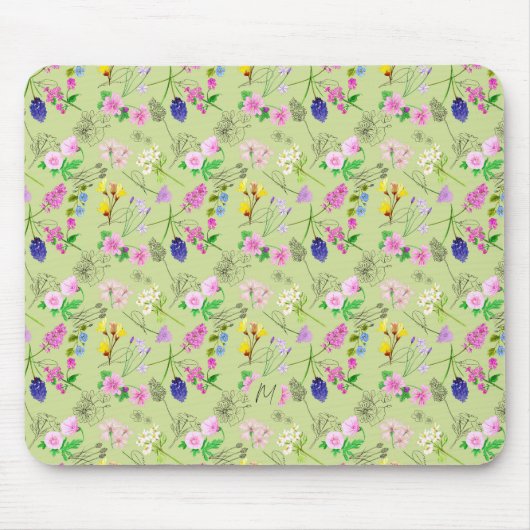 Delikate Aquarellfarben-Wildblumen auf grün Mousepad (Vorne)