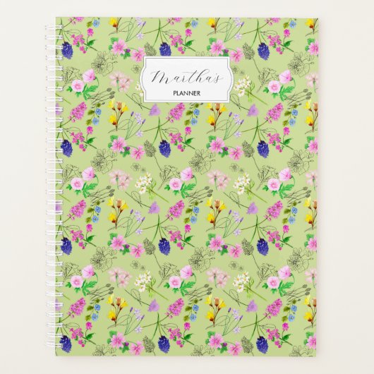 Delikate Aquarellfarben-Wildblumen auf grün Planer (Vorderseite)